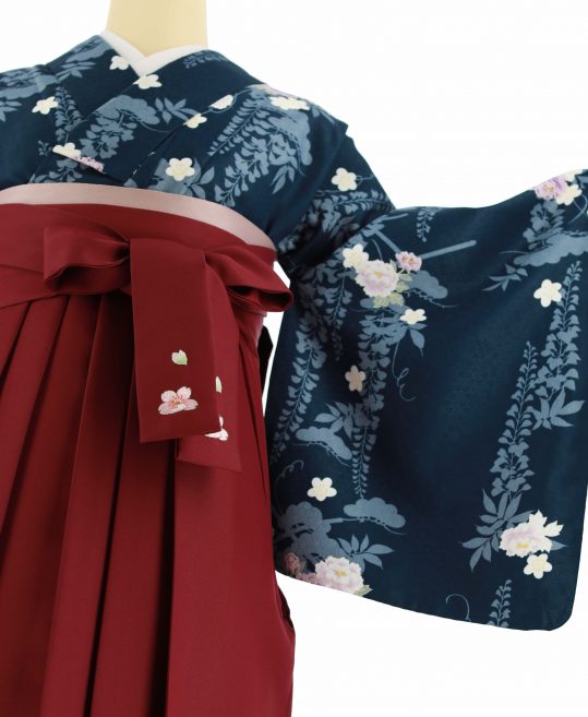 卒業式着物[シンプル古典柄]濃紺にグレーの藤と松のシルエット、白牡丹と梅No.108